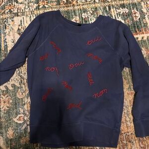 J. Crew Blue Sweater with Red Script Embroidery
